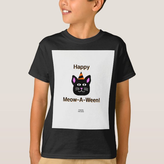 T-shirt Chat Noir Meow-A-Ween Garçons Noir Basic T Chemise (Devant)