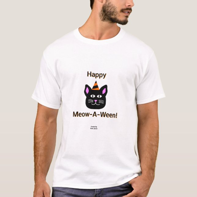 T-shirt Chat noir Meow-A-Ween Hommes blanc de base T chemi (Devant)