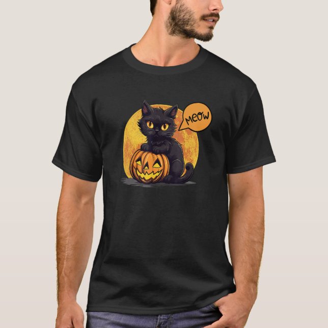 T-shirt Chat noir Meow de minuit avec Jack-o'-lantern Fall (Devant)