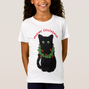 T-Shirt chat noir   Meowy Christmas   Holly garland