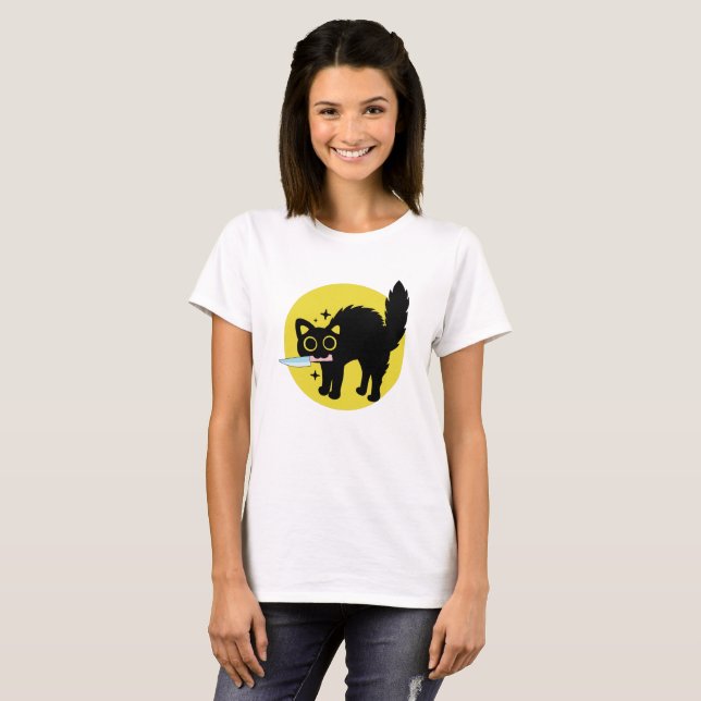 T-shirt Chat noir meurtrier, Cute Kitten avec couteau (Devant entier)