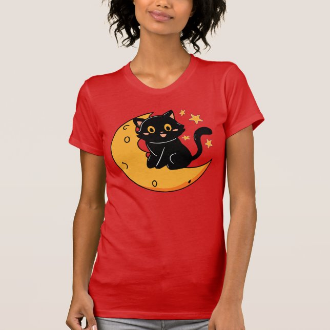 T-shirt Chat noir mignon assis sur la lune (Devant)
