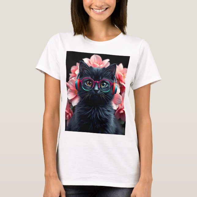 T-shirt Chat noir mignon avec lunettes et écouteurs (Devant)