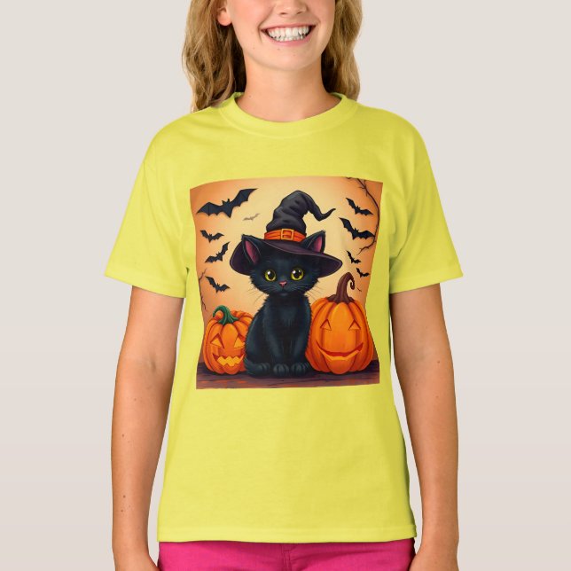 T-shirt Chat noir mignon en Casquette sorcier Entouré de C (Devant)