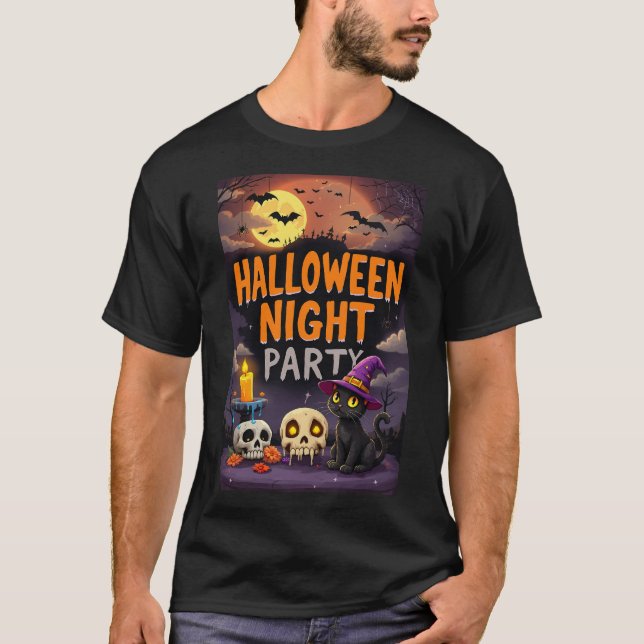 T-shirt Chat noir mignon en Sorcière Casquette Halloween S (Devant)