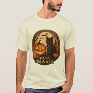 T-shirt Chat noir mignon et citrouille | Art de Halloween