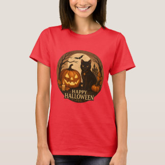T-shirt Chat noir mignon et citrouille | Art de Halloween