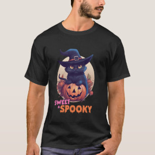 T-shirt Chat noir mignon et Citrouille Pleine lune Éffraya