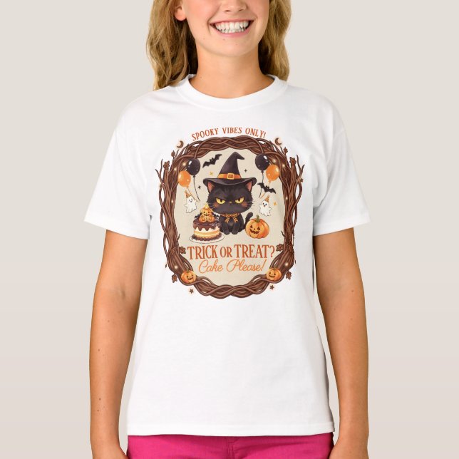 T-shirt Chat noir mignon et effrayant pour fête d'Hallowee (Devant)