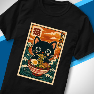 T-shirt Chat noir mignon mangeant du Ramen, vague japonais