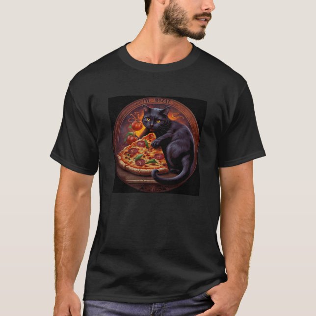 T-shirt Chat noir mordant une pizza (Devant)