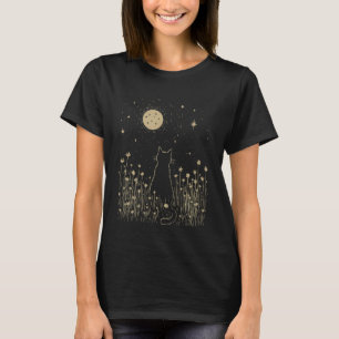 T-shirt Chat noir Nuit au clair de lune Fleurs Cadeaux Cot