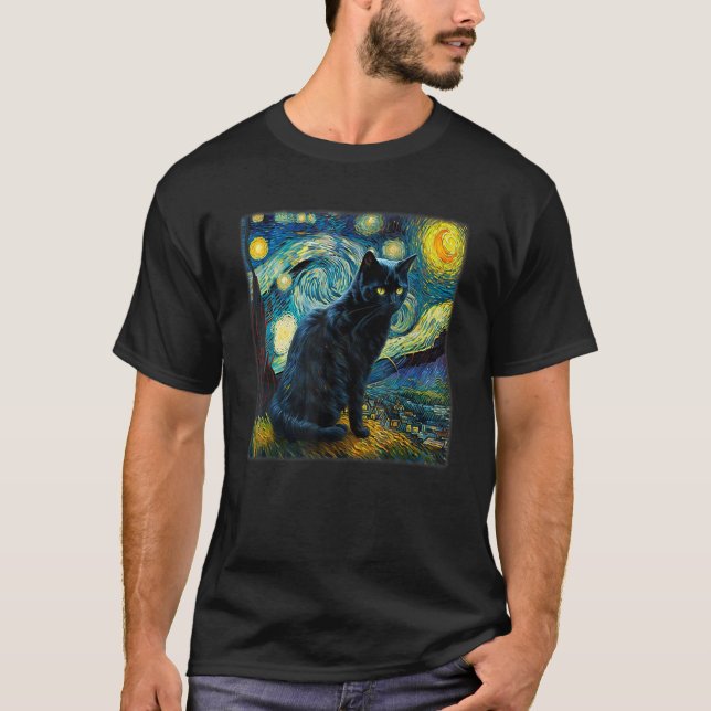 T-shirt Chat noir nuit étoilée, Chat noir Van Gogh, Maman  (Devant)