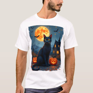 T-shirt Chat Noir Nuit Étoilée Van Gogh Citrouilles Chauve