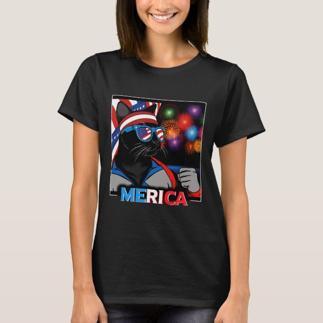 T-shirt Chat noir patriotique Fireworks (Devant)