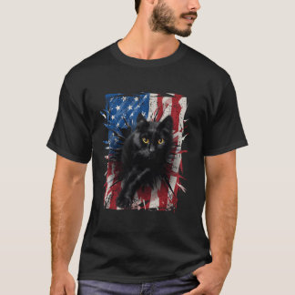 T-shirt Chat noir patriotique Tordu drapeau américain 4 ju