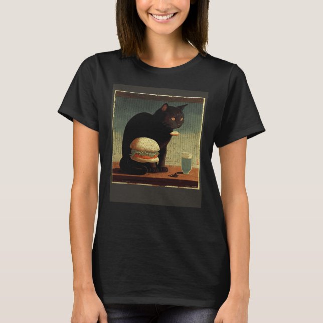 T-shirt Chat noir pensant hamburger (Devant)