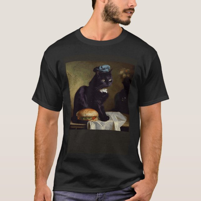 T-shirt Chat Noir Pensant Hamburger (Devant)
