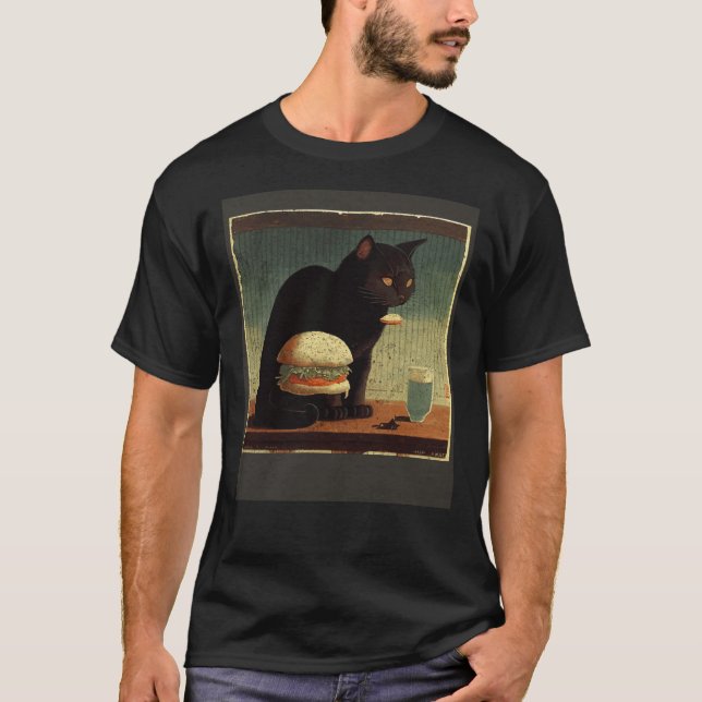 T-shirt Chat Noir Pensant Hamburger (Devant)