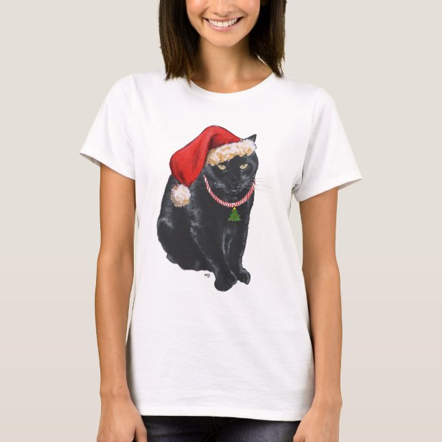 T-shirt Chat noir Père Noël aide à la  à Noël (Devant)