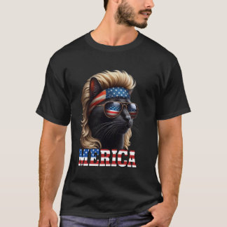 T-shirt Chat Noir Portant Perruque Blonde Mullet 4 Juillet