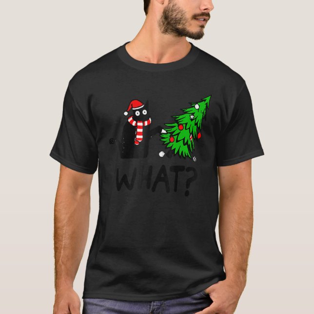 T-shirt Chat Noir Poussant Arbre De Noël Sur Chat What 3 (Devant)