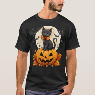 T-shirt Chat noir rétro Halloween Costume Citrouille Femme