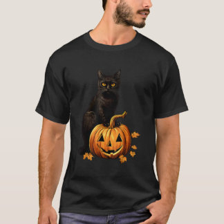 T-shirt Chat Noir Rétro Halloween Costume Citrouille Pour 