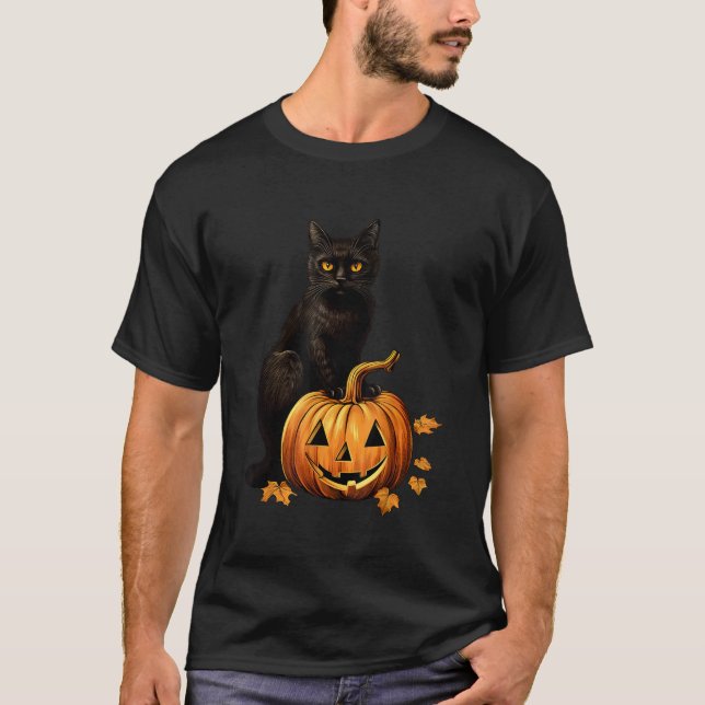 T-shirt Chat Noir Rétro Halloween Costume Citrouille Pour  (Devant)