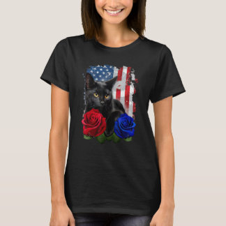 T-shirt Chat noir Rose Drapeau Américain Joyeux 4 Juillet