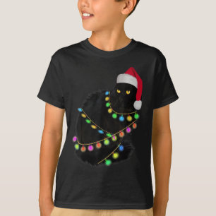 T-shirt Chat Noir Santa Hat Light Tree Drôle Noël laid