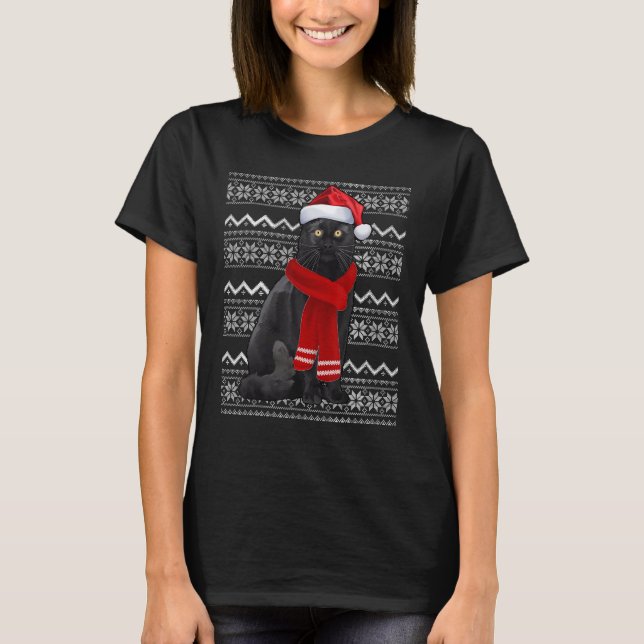 T-shirt Chat noir Santa Hat UGLY Pajama Cat (Devant)
