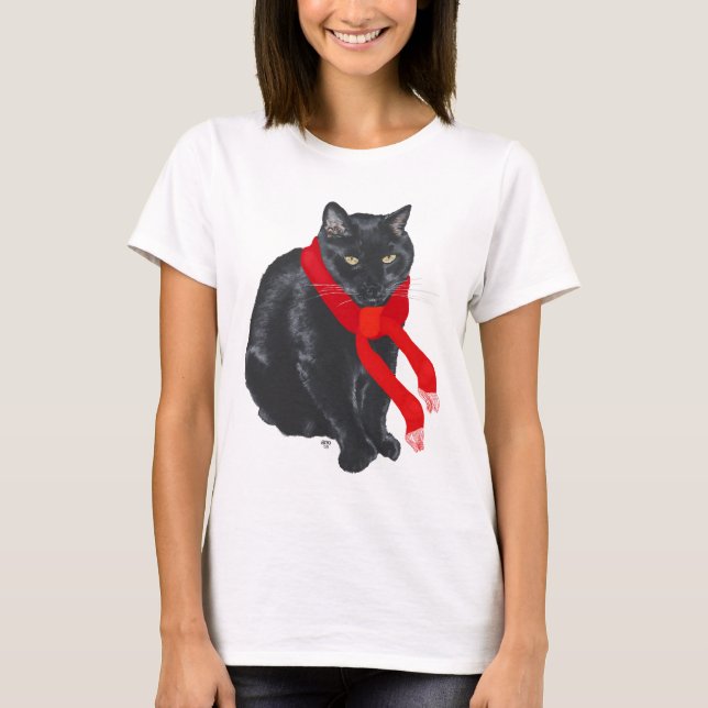 T-shirt Chat noir se réchauffant à Noël (Devant)