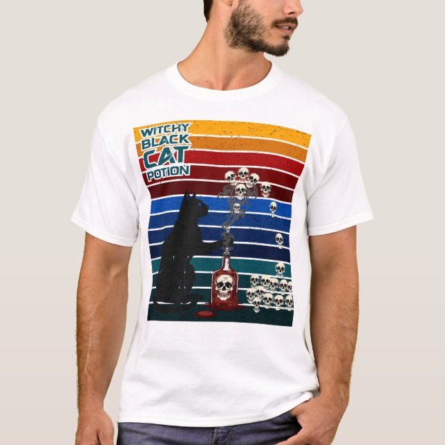 T-shirt Chat noir sorcier potion art rétro crâne (Devant)