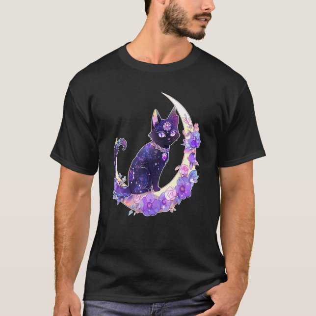 T-shirt Chat noir sorcière croissant lune sorcière cristal (Devant)