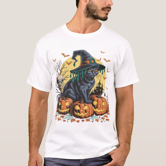 T-shirt Chat noir Sorcière Épouvantable Halloween Citrouil (Devant)