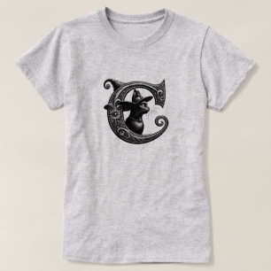 T-shirt Chat Noir Sorcière Lettre C Initiale Personnalisée