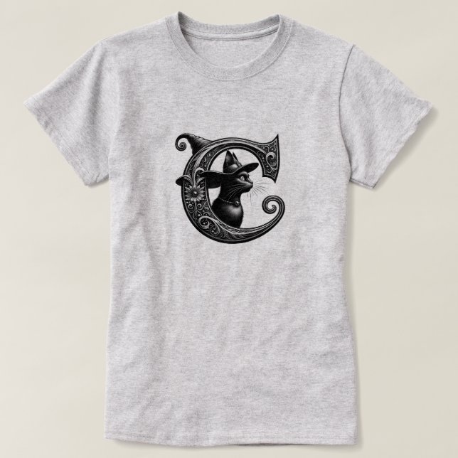 T-shirt Chat Noir Sorcière Lettre C Initiale Personnalisée (Design devant)