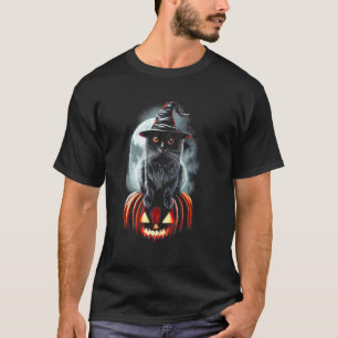 T-shirt Chat noir sorcière sur citrouille lune Halloween v