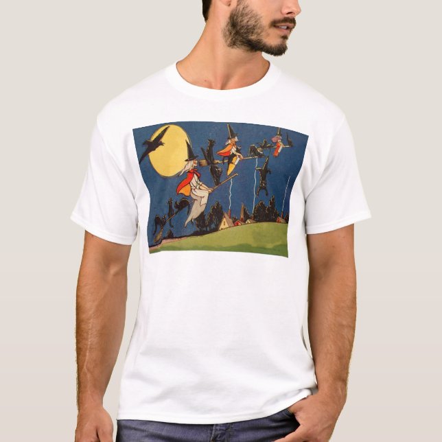 T-shirt Chat noir sorcière volant lune corbeau (Devant)