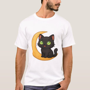 T-shirt Chat noir souriant aux yeux verts brillants assis