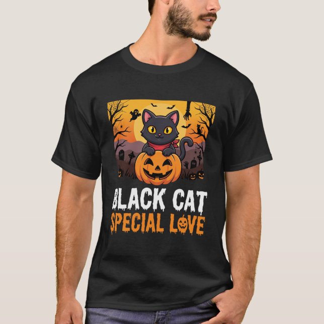 T-shirt Chat noir spécial amour citrouille design Hallowee (Devant)