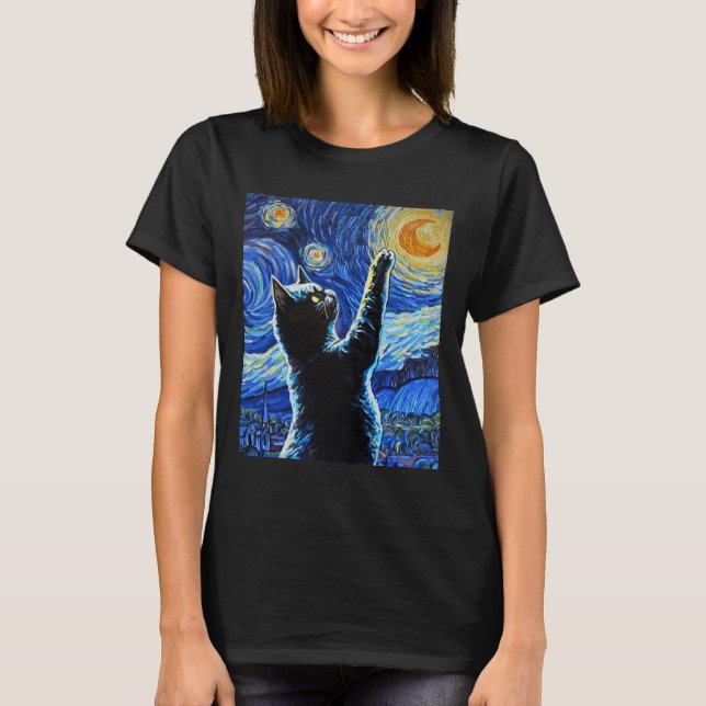T-shirt Chat noir Starry Nuit Vincent Van Gogh Halloween (Devant)