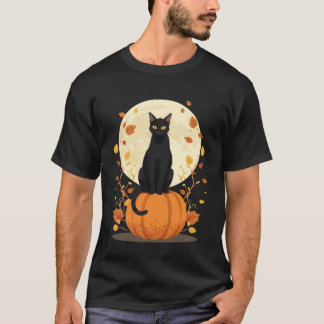 T-shirt Chat Noir sur Citrouille Automne Halloween Design 