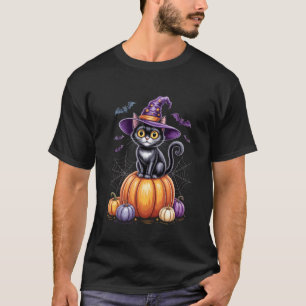 T-shirt Chat noir sur citrouille avec chapeau de sorcière