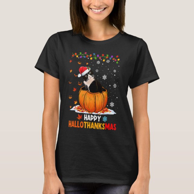 T-shirt Chat noir sur Citrouille Hallothanksmas heureux (Devant)