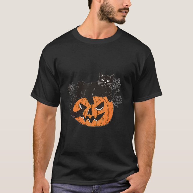 T-shirt Chat Noir Sur Citrouille Pour Halloween de Chat (Devant)