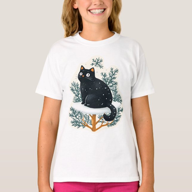 T-shirt Chat noir sur le sapin de Noël (Devant)