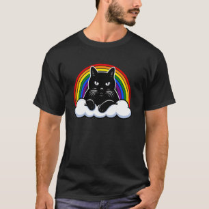 T-shirt Chat noir sur un nuage avec arc-en-ciel Fierté LGB