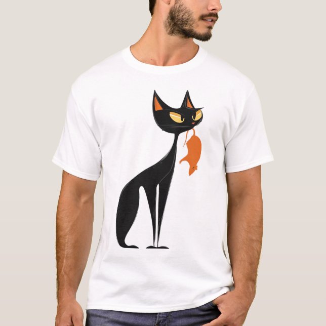 T-shirt Chat noir tenant du rat orange (Devant)